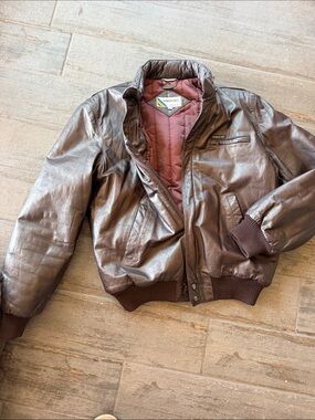 Members Only Brown Leather Bomber Jacket with Burgundy Quilted Lining